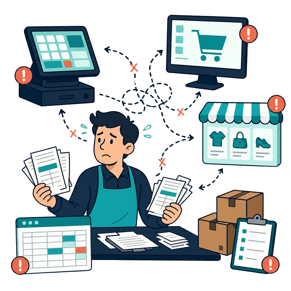 Händler mit Papierstapeln zwischen getrennten Kassen-, Onlineshop-, Marktplatz- und Lagersystemen